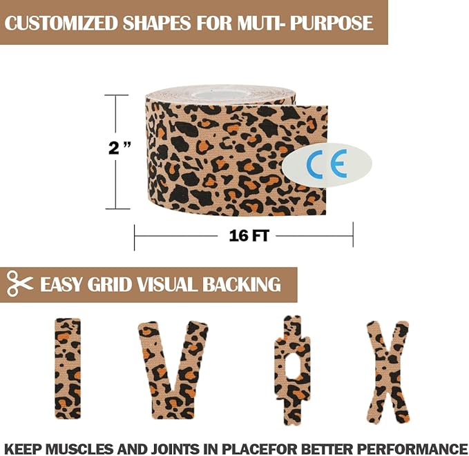 Kinesiology Tape (2 inchX16.4ft Per Roll) Waterproof Latex Free Athletic Tape for Knee, Joint, Muscle Protect - Elastic Therapeutic Sports Tape -Improve Blood Circulation, Swelling (Leopard)