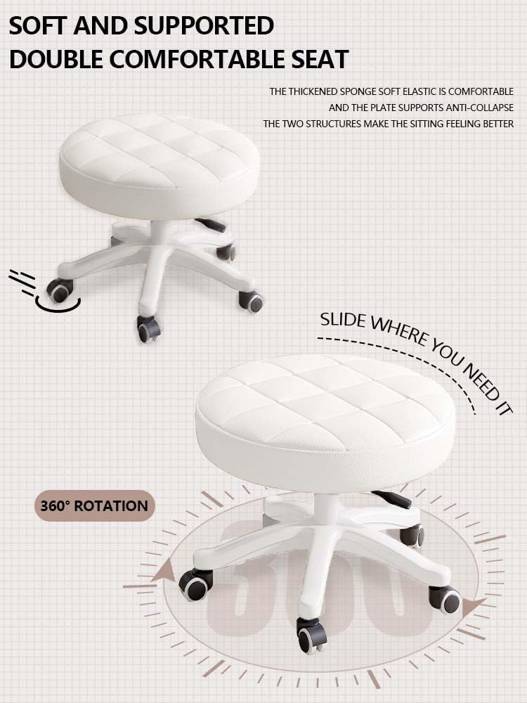 Small Chair Round Rolling Stool with Wheels PU Leather Height Adjustable Swivel Drafting Work SPA Salon Stools Home Office Chair
