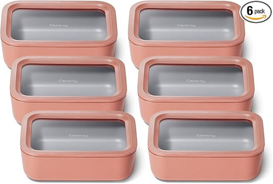 Caraway 6pc Glass Food Storage Set – 6.6 Cup Food Containers (6) - Ceramic Coated - Non Toxic, Non Stick with Lids - Microwave Safe - Perracotta