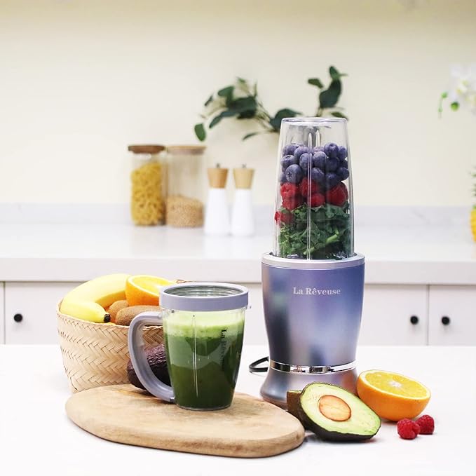La Reveuse Personal Size Blender 250 Watts Power for Shakes Smoothies Seasonings Sauces with 1 Piece 15 oz Cup,1 Piece 10 oz Mug,BPA-free (Pearl Blue)