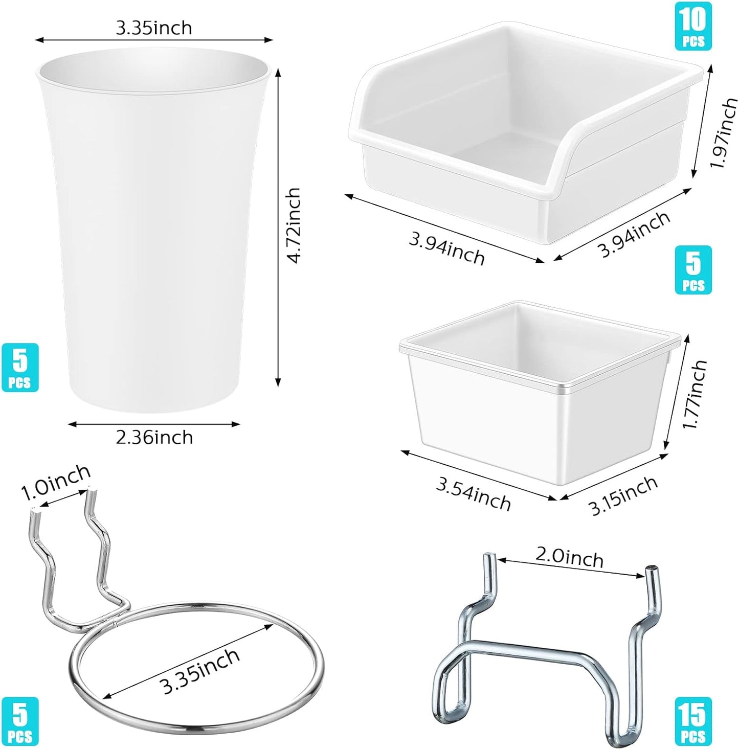 Yookeer 20 Pcs Pegboard Bins and Cups with Hooks and Loops Peg Assortment Organizer Accessories Various Tool Organizer Pegboard Baskets Set for Garage Workshop Workbench Office(White)
