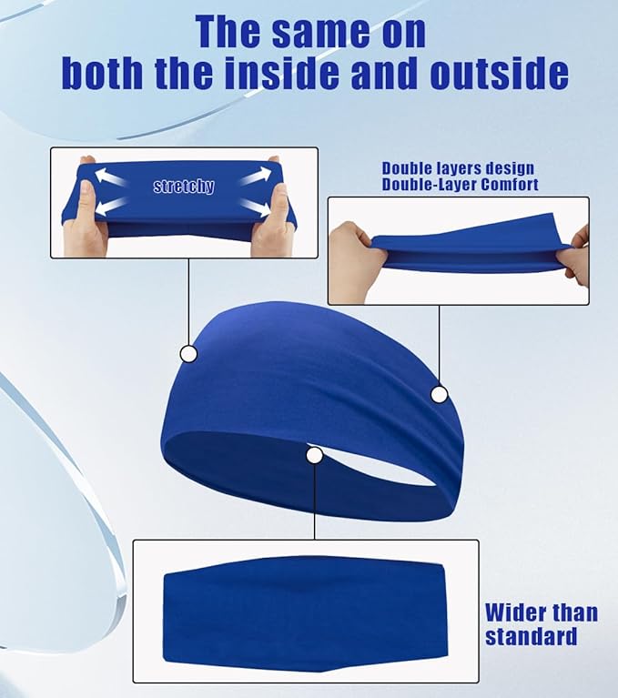 Sport Sweatbands for Men and Womem, 4 Pack, Double-Layer Workout Headbands, Sweat Wicking Hairbands for Fitness Running Football