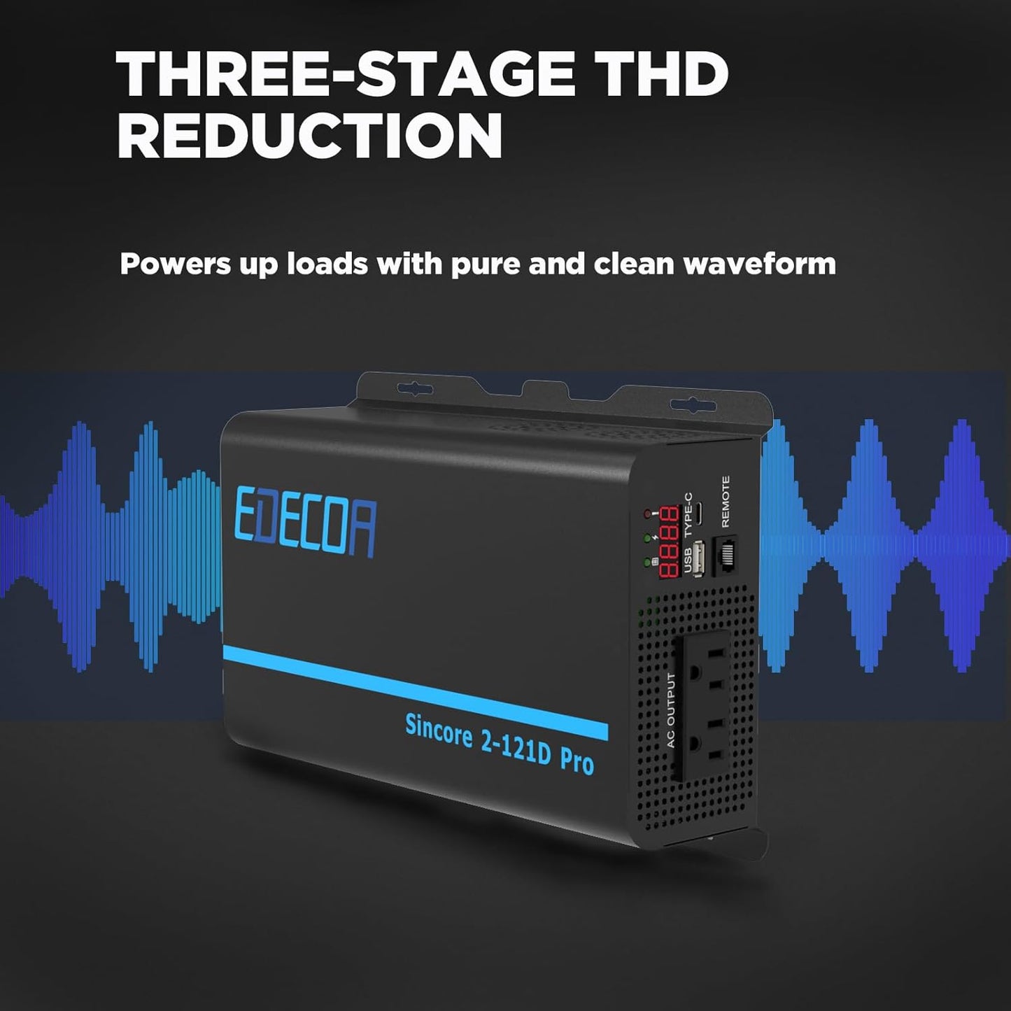 EDECOA Pure Sine Wave Inverter 1200W 12V DC to 110V AC Power Inverter with USB Port and Type-C Port 2 AC Outlets Remote Control LED Display for RV Car Boat Household