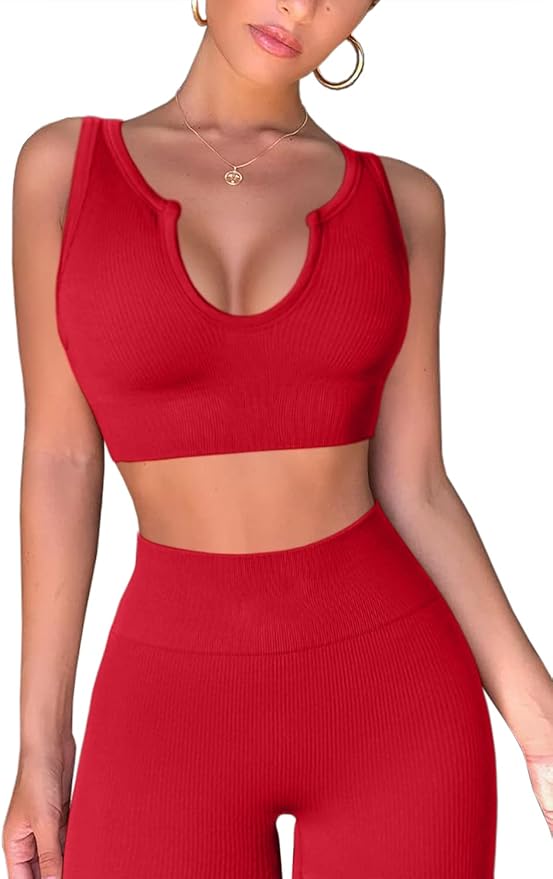 QINSEN Workout Outfits for Women 2 Piece Ribbed Seamless Crop Tank High Waist Yoga Leggings Sets