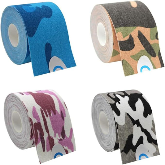 OBTANIM 4 Rolls Waterproof Breathable Kinesiology Tape, Athletic Elastic Kneepad Muscle Pain Relief Knee Taping for Gym Fitness Running Tennis Swimming (Camo Mixed Color)