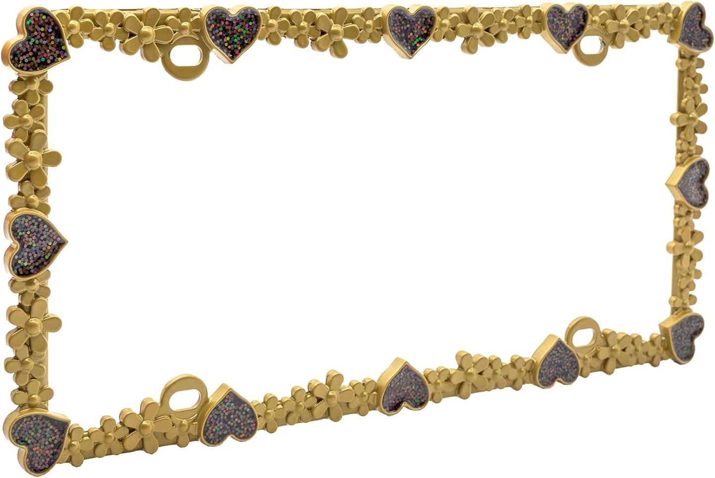 Creathome 3D Shining Daisy Heart License Plate Frame from Pure Zinc Alloy Metal Perfect Plate Holder, Matt Gold with Black Glitter, Luminously Heart