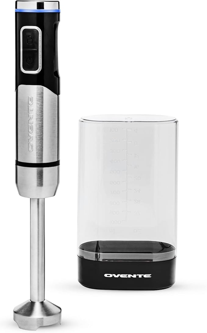 OVENTE Cordless Immersion Hand Blender, Rechargeable Handheld Portable Stick Mixer with 8 Mixing Speed Option, One-Touch Control and Stainless Steel Blades for Smoothies, Shakes or Soups, Black HR981B