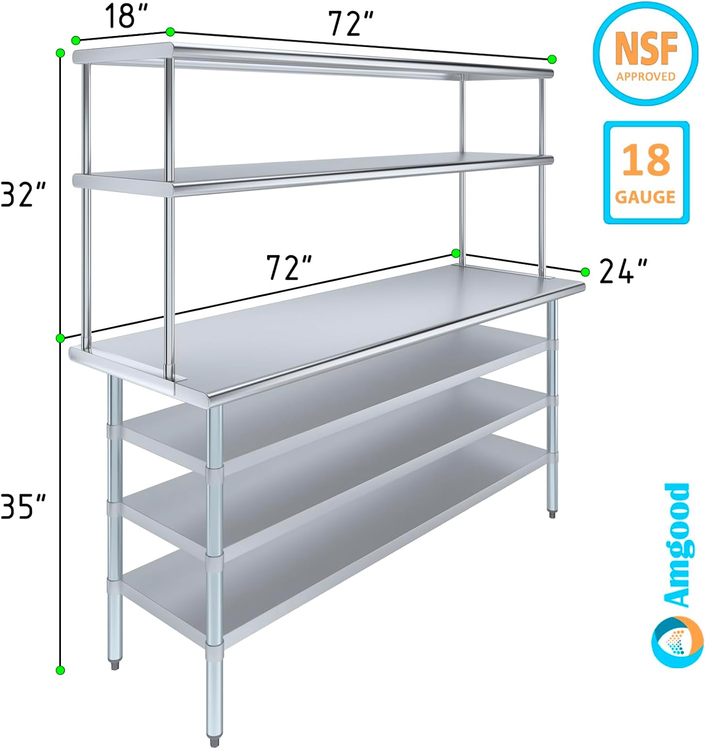 Amgood 24" x 72" Stainless Steel Work Table with 3 Shelves and 18" Wide Double Tier Overshelf | Metal Kitchen Prep Table & Shelving Combo | NSF