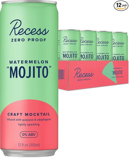 Recess Zero Proof Craft Mocktails, Alcohol Free Drinks, With Adaptogens, Non-Alcoholic Beverage Replacement, Mixer, Celebration, Party, (Watermelon "Mojito", 12oz, Pack of 12)
