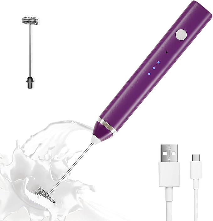 Milk Frother Rechargeable Handheld Electric Whisk Coffee Frother Mixer with 3 Stainless whisks 3 Speed Adjustable Foam Maker Blender for Coffee Matcha Latte Cappuccino Hot Chocolate(Purple)