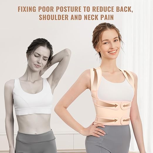 Fit Geno Back Brace Posture Corrector for Men & Women: Shoulder Straightener Adjustable Full Back Support Pain Relief - Scoliosis Hunchback Spine Corrector (Small)