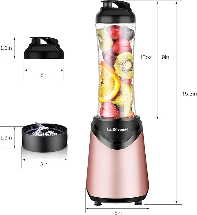 La Reveuse Smoothie Blender Personal Size 300 Watts with 2 Pieces 18 oz BPA-free Travel Sports Bottles,Pink