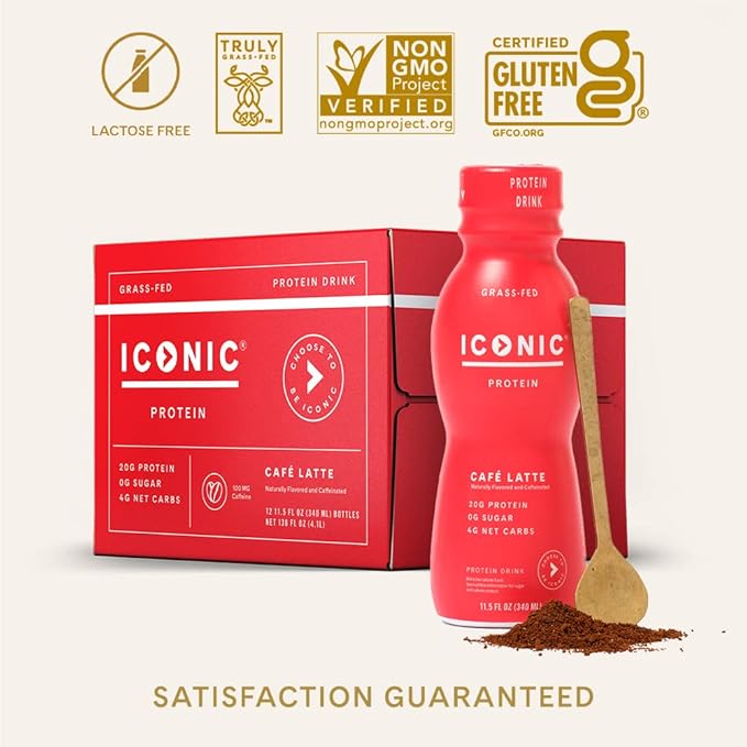 Iconic Protein Drinks, Café Latte (12 Pack) - Sugar Free & Low Carb - 20g Protein + 100mg Caffeine - Lactose Free, Gluten Free - Keto Friendly Protein Coffee