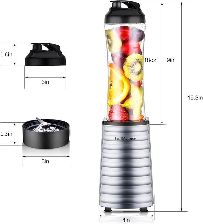 La Reveuse Smoothies Blender Single Serving 300 Watts with 18 oz BPA-Free Portable Travel Sports Bottle (Silver)