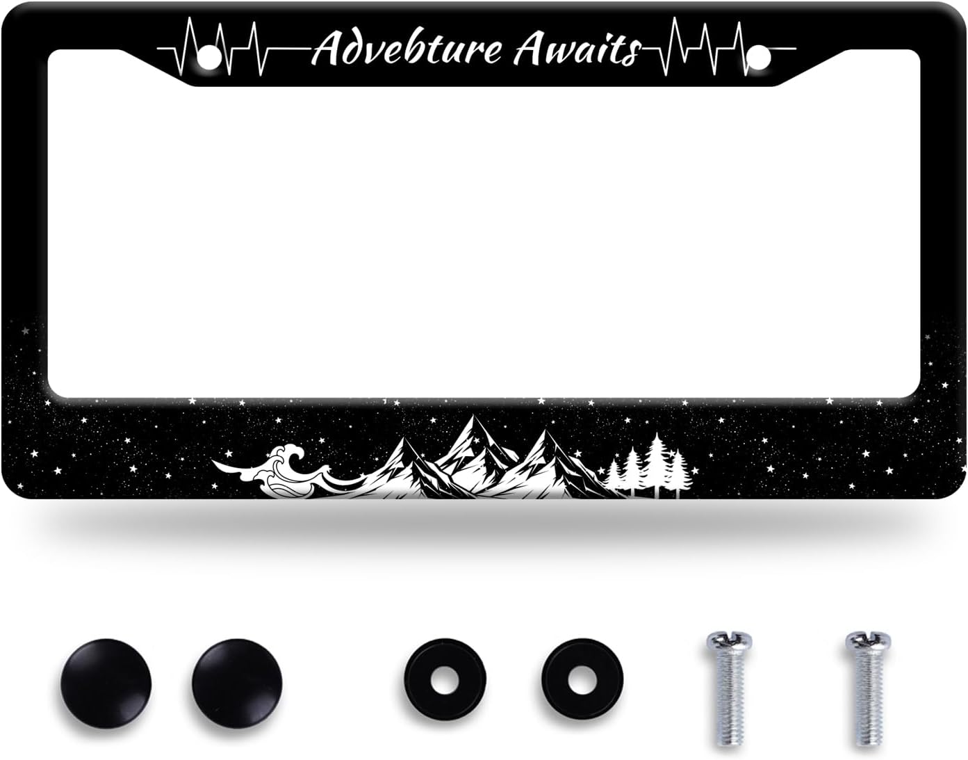 Advebture Awaits License Plate Frame Mountain Waves Forest License Plate Stainless Steel Rust-Proof Metal Funny License Plate Holder Car Accessory With Screws Car Decoration 12.3" x 6.3" For Men Women