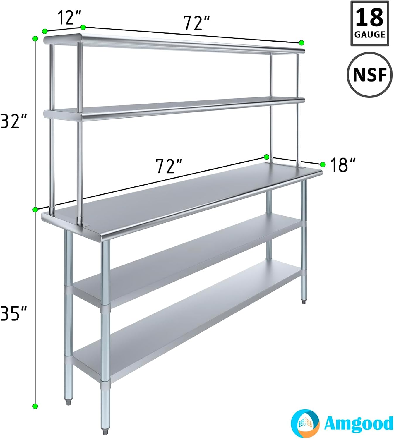 Amgood Stainless Steel Work Table with 2 Shelves | Metal Kitchen Prep Table & Shelving Combo (18" x 72" Table with 2 Shelves + 12" Overshelf)