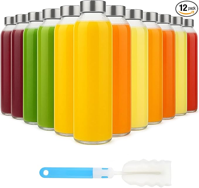 [12 Pack]18 oz Glass Water Bottles with Lids, Juice Bottles, Clear glass juice bottle for juicing, Eco-Friendly Reusable Glass Juicing Bottles with Stainless Steel Lid, BPA Free,Leak-Proof