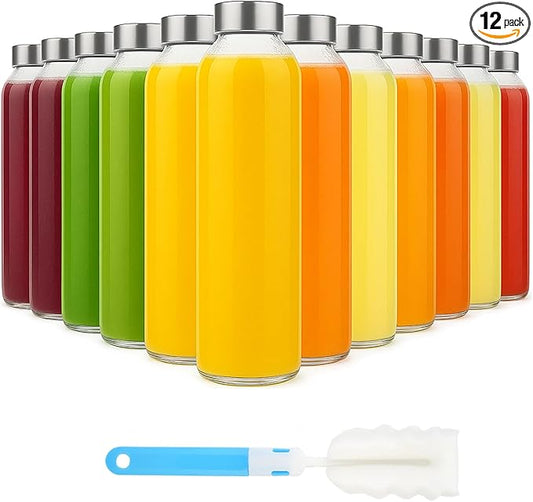 [12 Pack]18 oz Glass Water Bottles with Lids, Juice Bottles, Clear glass juice bottle for juicing, Eco-Friendly Reusable Glass Juicing Bottles with Stainless Steel Lid, BPA Free,Leak-Proof