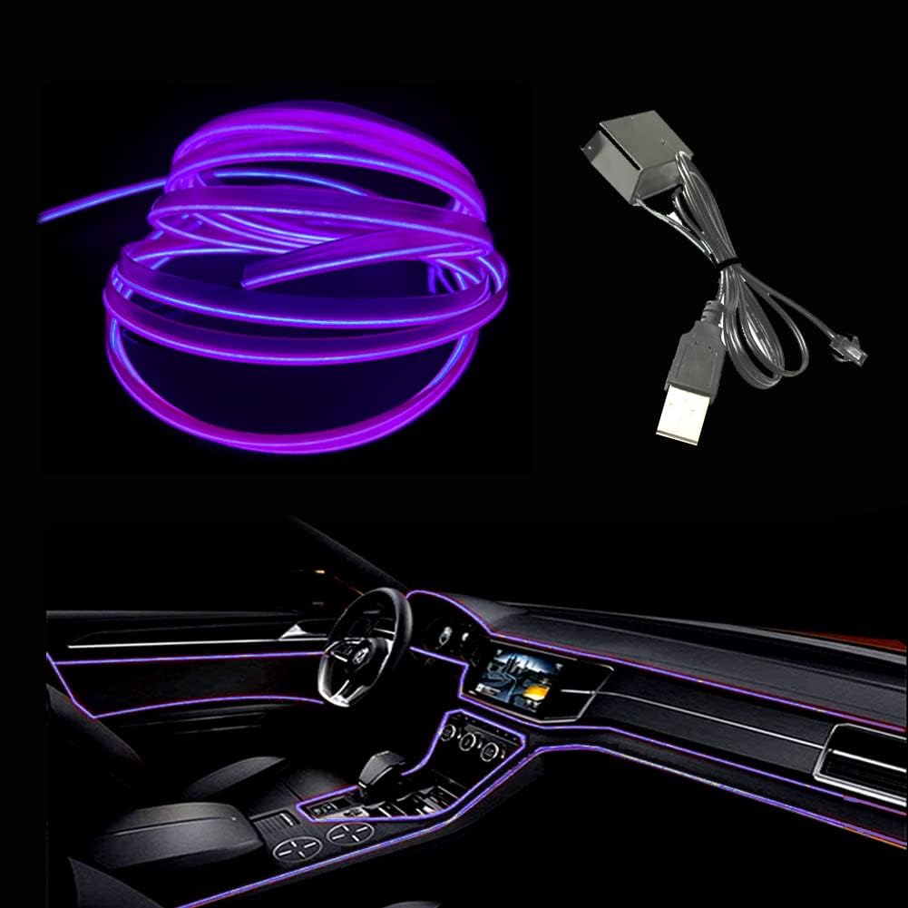 El Wire Purple Interior Car LED Strip Lights, 10M Neon Wire USB 5V with Fuse Protection for Automotive Interior Decoration, with 6mm Sewing Edge