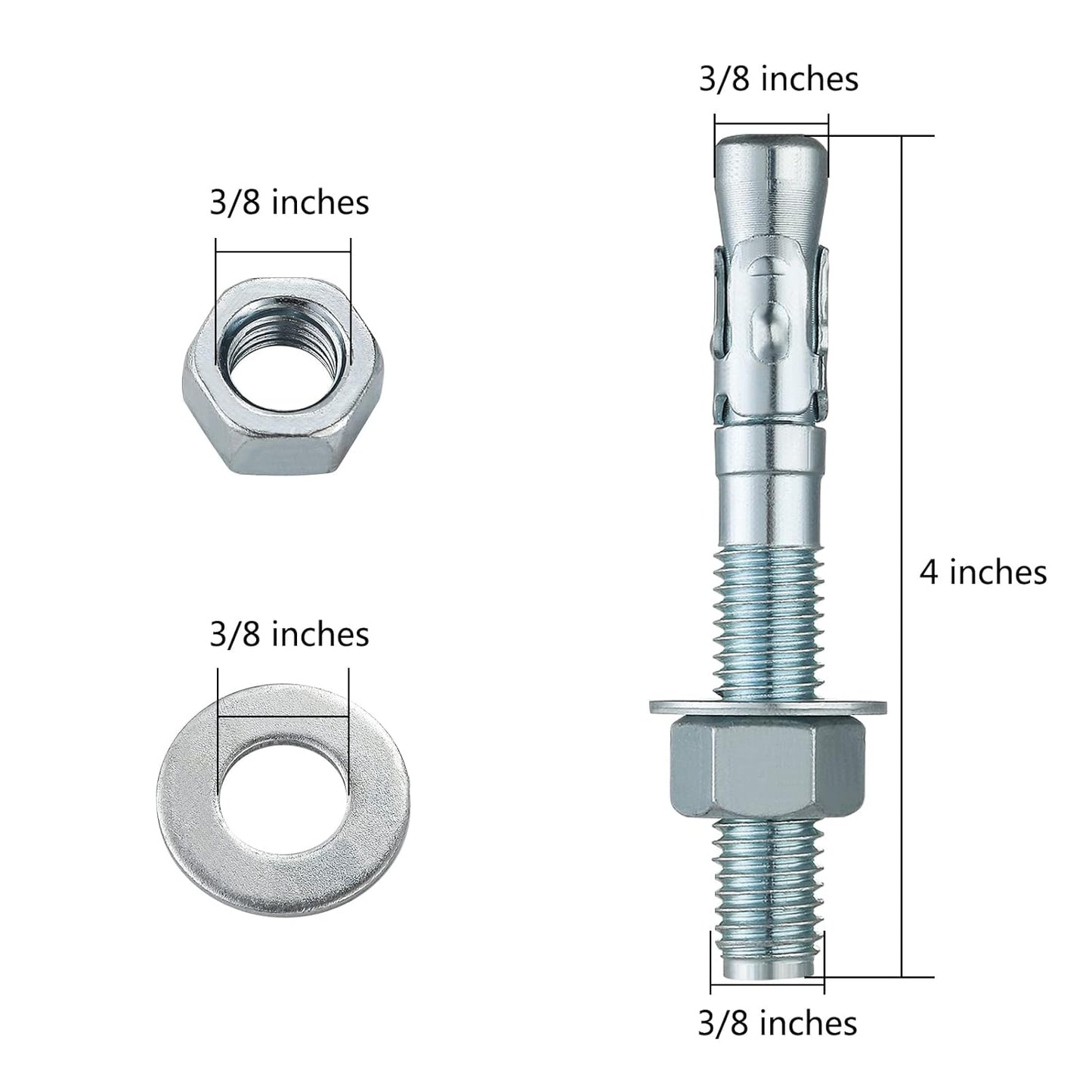 3/8x4" 10Pcs Inch Standard Fasteners for Heavy-Duty Zinc Wedge Anchors for Cement and Concrete