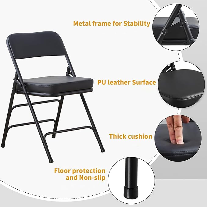 BOOSDEN Padded Folding Chair, Foldable Chair with Thick Cushion, Heavy Duty Metal Folding Chair for Outdoor & Indoor & Dining & Party, Black