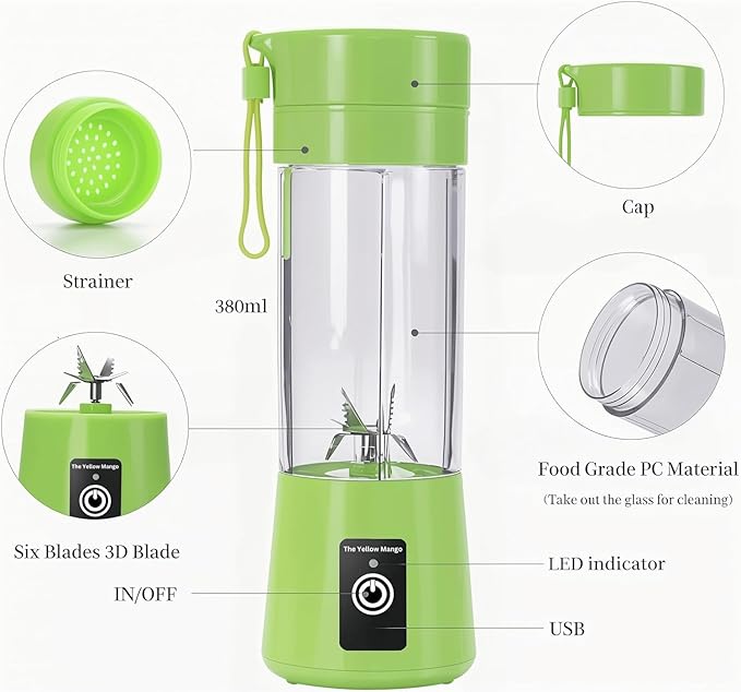 Portable Blender,Mini 6-blade Mixer for Smoothie,Milkshake, Juice, Mobile Hand juicer With USB Rechargeable For Travel, office, picnic, fitness (Green)