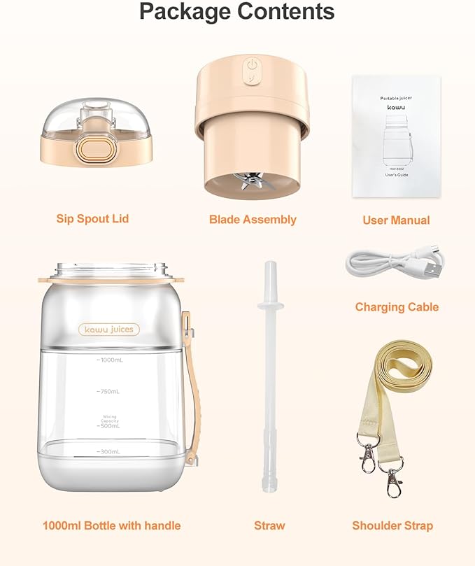 kawu Portable Blender, Portable Smoothie Blender On the Go, No-BPA, Portable Blenders for Shakes and Smoothies Leakproof-Lid and Sip Spout, USB-C Rechargeable, Recipes, with Handle/Strap, White