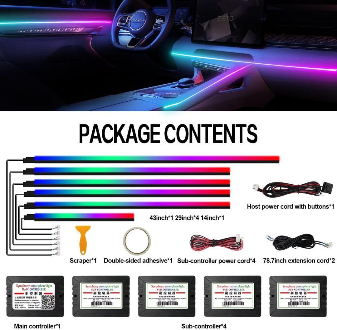 Dreamcolor Acrylic Interior Car Lights, WEBUPAR Car Accessories 6 in 1 Car LED Strip Lights with APP Control and 213 Modes, 175 inches 593 LEDs Fiber Optic Lights, RGB Neon Car Lighting
