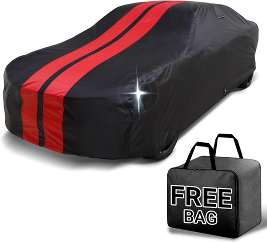 iCarCover Custom Car Cover for Chevy Cavalier (1982-1987) Waterproof All Weather Rain Snow UV Sun Protector Full Exterior Indoor Outdoor Car Cover (Stripe - Black/Red)