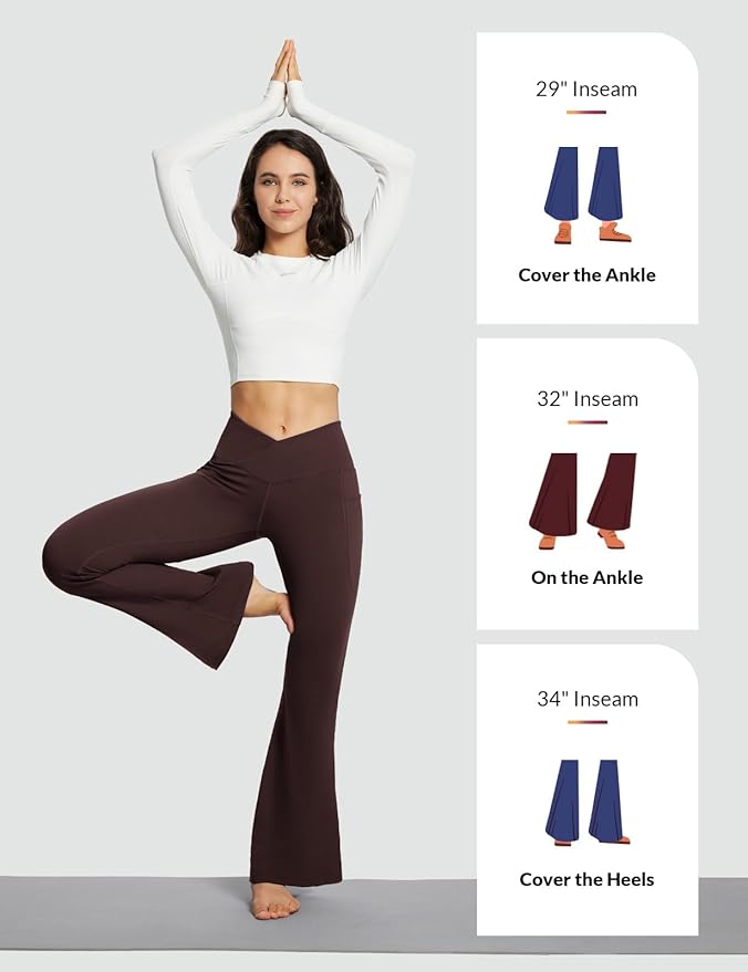 baleaf Women's V Crossover Flare Leggings with Pockets Yoga Pants High Waist Casual Workout Gym Bell Bottom Leggings