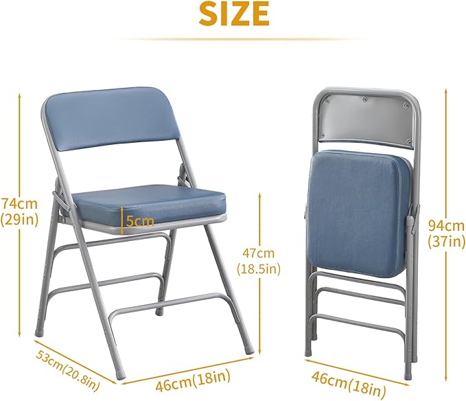 BOOSDEN Folding Chair, Foldable Chair, Faux Leather Fold Up Chair for Home, Office, Dining, Portable and Compact Metal Frame Folding Seat, Thickened Padded Fold Out Chair Indoor & Outdoor, Blue