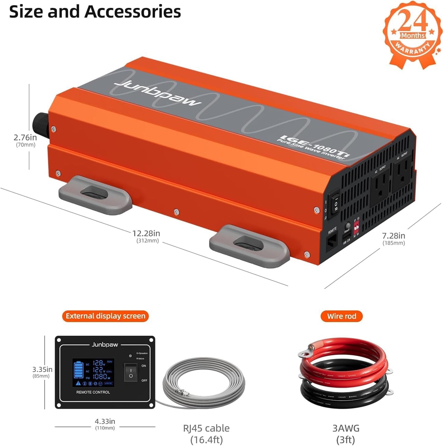 1080 Watt Pure Sine Wave Inverter, Remote Monitor Controller 12V DC to 120V AC Converter for Home, RV, Truck, Off-Grid Solar Power 110V with Built-in 5V/2.1A USB Port, Pre-Charge Function