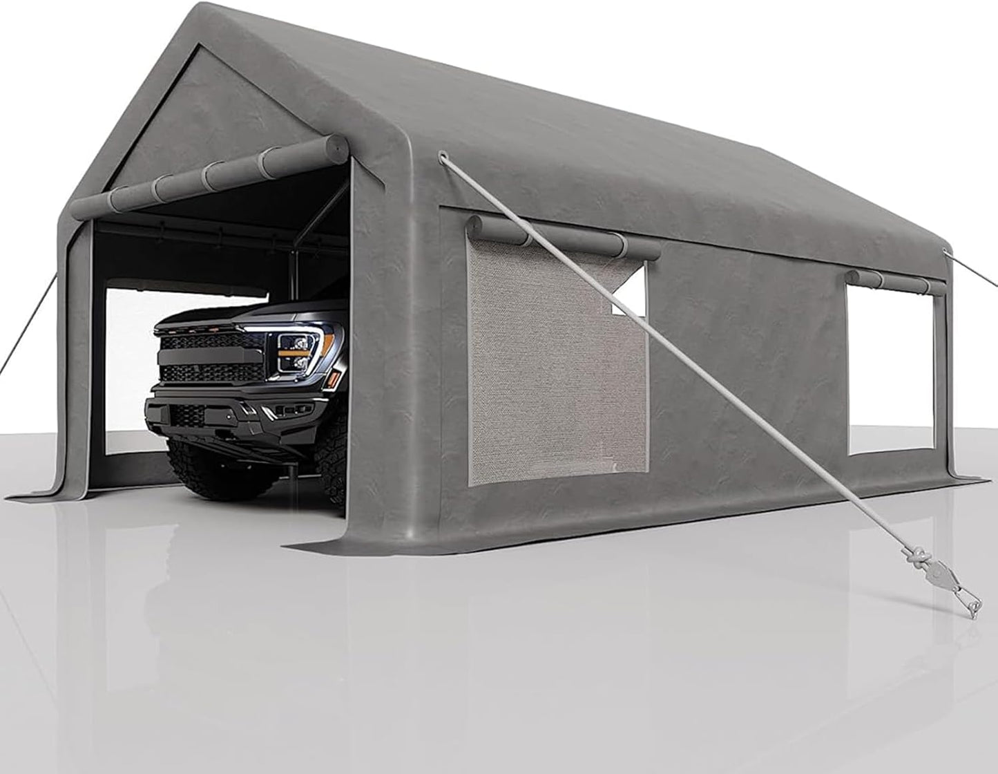 13 x 25ft Heavy-Duty Carport Canopy with Roll-Up Windows & DoorsThickened Wind Ropes, Ground Nails, Portable Car Tent Garage for Cars, Trucks, Boats, 200G Durable Tarp Cover,Grey