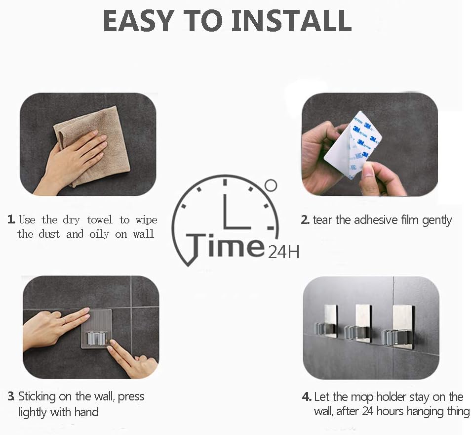 HANZE 2 Pack Stainless Steel Mop Broom Holder Organizer, Self Adhesive Wall Mounted Mop Organizer Storage Rack Clip for Kitchen Bathroom and Garage (Rectangle, Large)