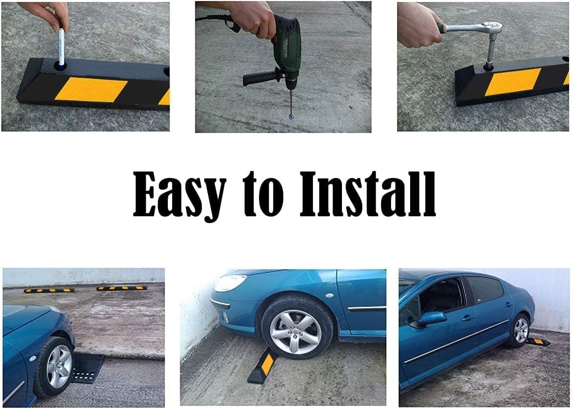 ERGOMASTER Parking Stopper for Garage,72” Rubber Parking Block with 8 High Reflective Yellow Safety Stripes for Vehicles Truck Driveway, Protect Pumpers from Cars Vans Trucks (8)