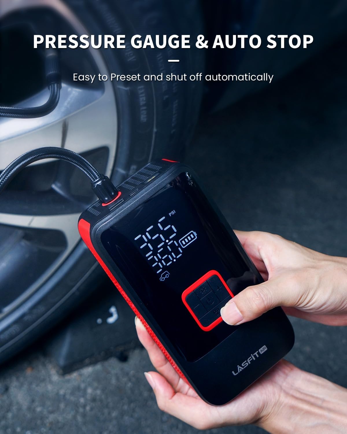 LASFIT TK1 Tire Inflator Portable Air Compressor [Fit Pickup Truck & Large SUVs] 150PSI Tire Inflator 12000mAH Battery Operated Air Pump for Car Tires with Digital Pressure Gauge, Smart Auto Stop