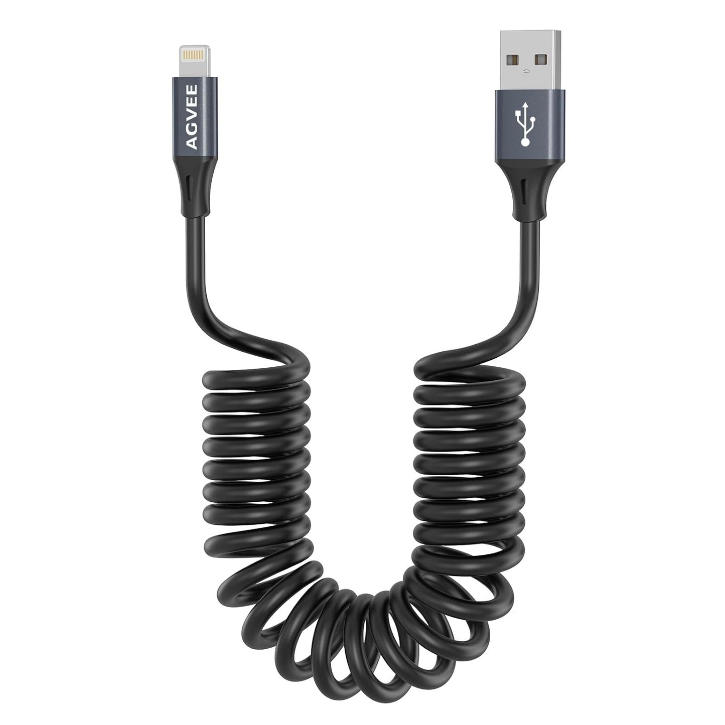 AGVEE 2 Pack 3ft Coiled Short USB to Lightning Charging Cable [MFI Certified] 3A Fast Charger Cord in Car for iPhone 14/13/12/11/XS/8/7/6/5 CarPlay, iPad, iPod, Dark Gray