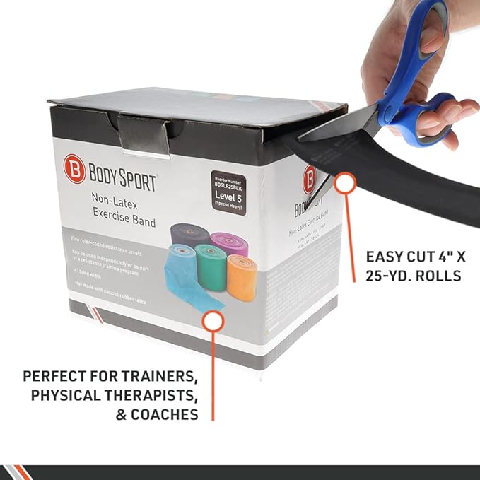 Body Sport Exercise Bands - 25 yd. Roll of Heavy Resistance Bands for Stretching, Fitness or Physical Therapy, Non-Latex - Extra Heavy Medium Resistance - Green