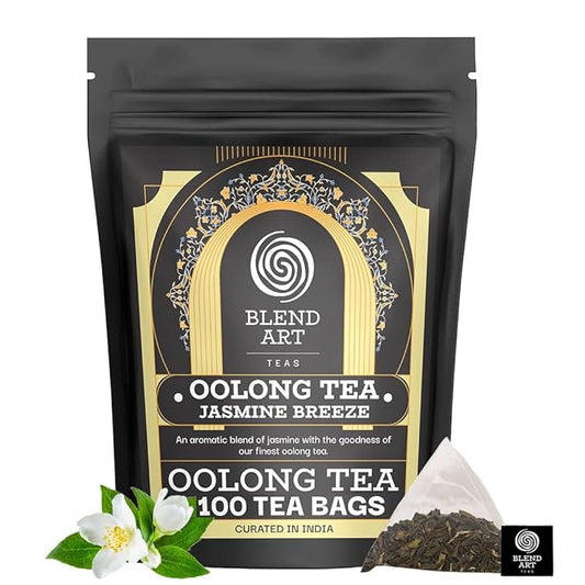Blendart Jasmine Oolong Tea bags 100 Count | Oolong tea bags for weight loss | Premium High Mountain Oolong Tea leaves | Naturally Caffeinated Tea | Flower Scented Tea | Pyramid Tea bags