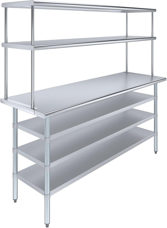 Amgood 24" x 72" Stainless Steel Work Table with 3 Shelves and 18" Wide Double Tier Overshelf | Metal Kitchen Prep Table & Shelving Combo | NSF