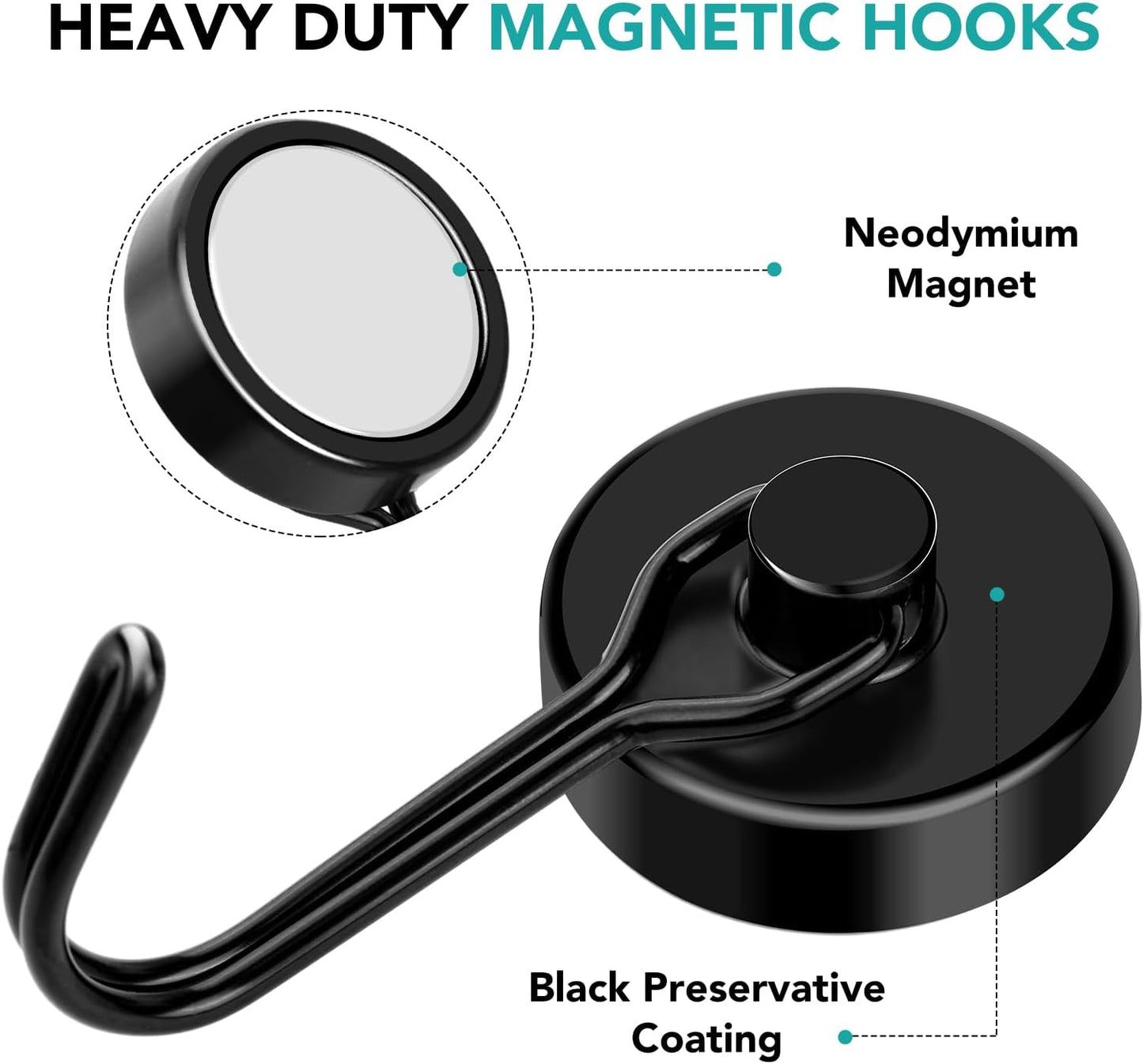 DIYMAG Black Magnetic Hooks, 110LBS Strong Magnetics Heavy Duty, Cruise Ship Essentials Magnets with Metal Hook for Hanging Refrigerator Home Kitchen Office, 8Pack