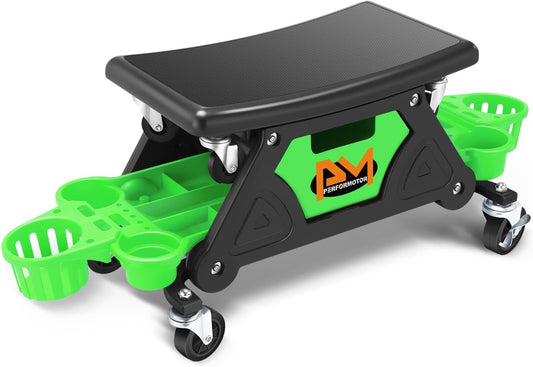 PM PERFORMOTOR Mechanic Stool - 25-1/2" x 13" x 12" (L x H x W), Rolling Work Seat w/Lockable Swivel Wheels and Storage Tool Tray, Green,PM-TOL-CRS-GR
