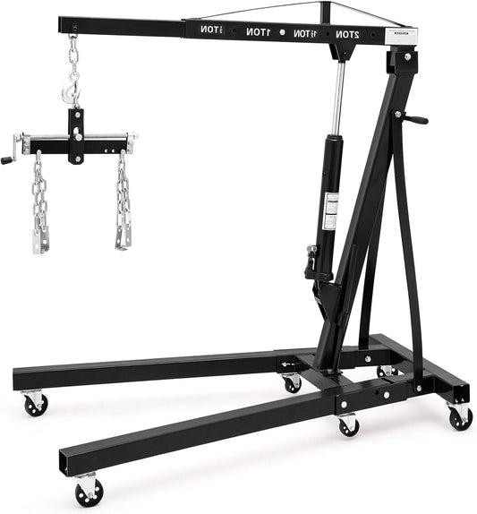 2 Ton Folding Engine Hoist with Lever, Cherry Picker Shop Crane Hoist Lift, 4400 Lbs Heavy Duty Steel Hydraulic Shop Engine Crane for Workshop and Garage, Black