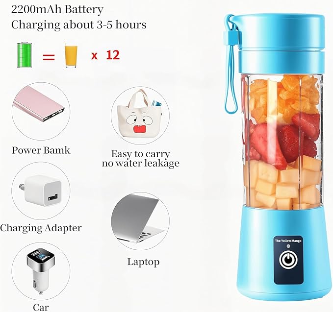 Portable Blender,Mini 6-blade Mixer for Smoothie,Milkshake, Juice, Mobile Hand juicer With USB Rechargeable For Travel, office, picnic, fitness (Blue)