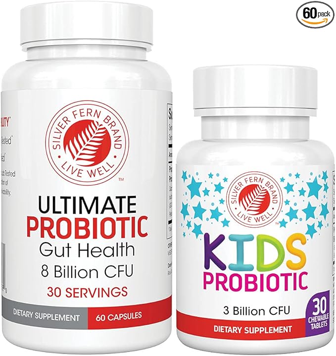 Silver Fern Brand Family Probiotics - Ultimate Adult Probiotic (1 Bottle = 60 Capsules) Plus Ultimate Children's Probiotic for Kids (1 Bottle = 30 Chewables) - Gut Health & Microbiome Support