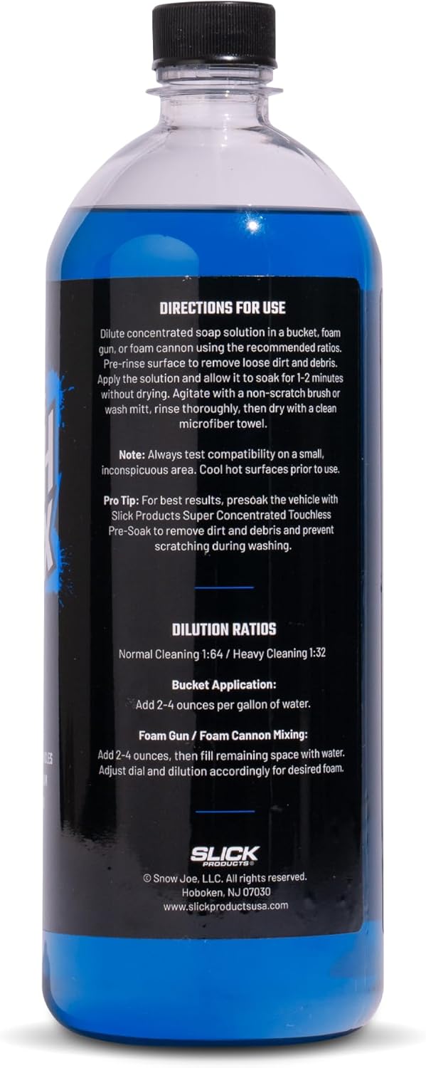 Slick Products Wash & Wax Extra Thick Foaming Cleaning Solution Motorcycle, Truck, Trailer, Boat, Car Wash Soap - Works With Foam Cannon, Foam Gun, Sprayers, Buckets, 32 oz., Tropical Scent