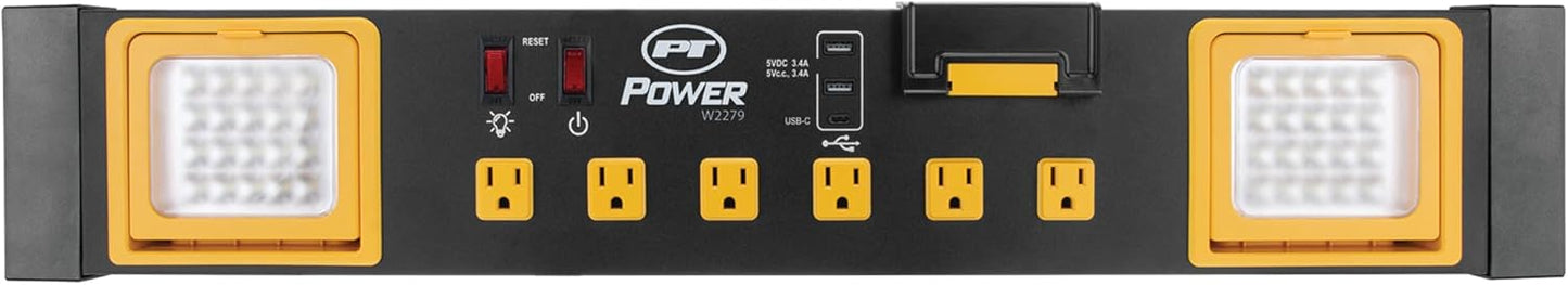 Performance Tool W2279 Commercial Grade Power Station with 6 Outlets, 2 USB Ports, Built-In Cradle, and LED Lights, Ideal for Workshops and Garages