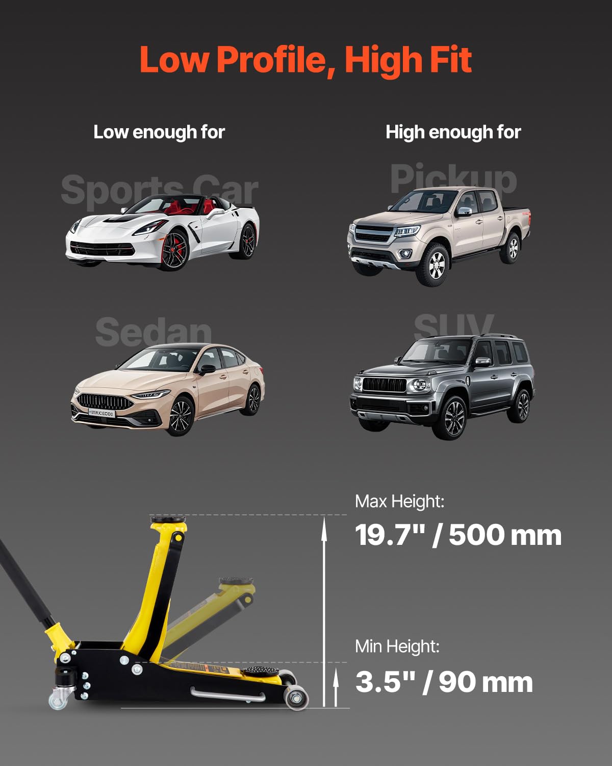 VEVOR 3 Ton Low Profile , Aluminum and Steel Racing Floor Jack with Dual Pistons Quick Lift Pump for Sport Utility Vehicle, Lifting Range 3-6/11"-19-11/16", yellow,black