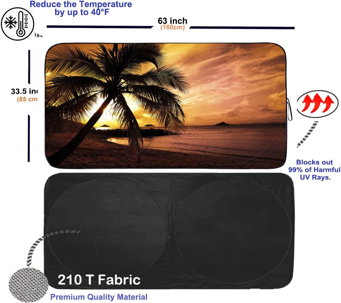 Gven Windshield Sun Shade, Vehicle Car Sun Shade Windshield Funny Yellow Beach Foldable Car Sunshade for Trucks SUV Cars Blocks UV Rays Keep Your Vehicle Cool (Yellow Sunset, L)