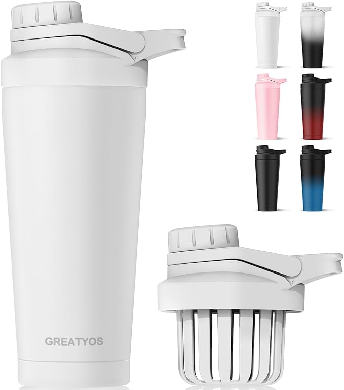 Stainless Steel Shaker Bottle with Noise-Free Design - Patented 24 oz Insulated Metal Shakers Bottles Cup for Protein Mixes and Pre Workout 100% Leak Proof (White)